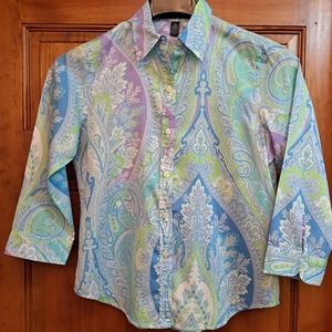 Lauren Ralph Lauren Petites Paisley Floral Blues lavender 3/4 sleeve button down